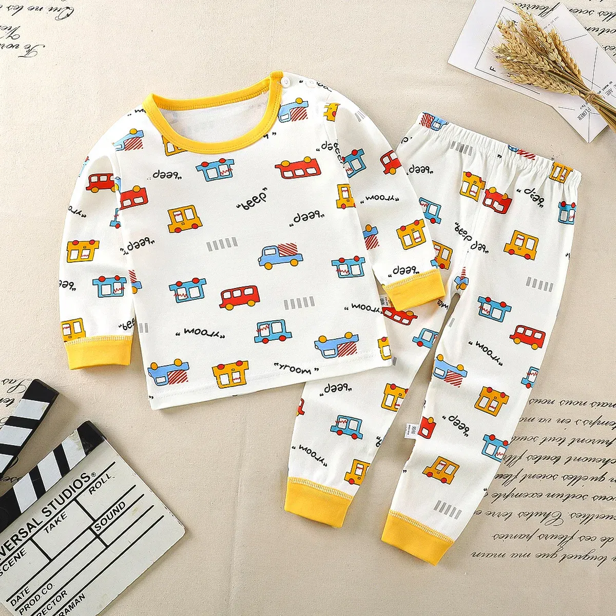 Color: Beige, Kid Size: 3T - Children Kids Clothes Sets  Boys Girls Suit Pajamas Clothinng Pants Cartoon Autumn Winter Sleepwear Outfits