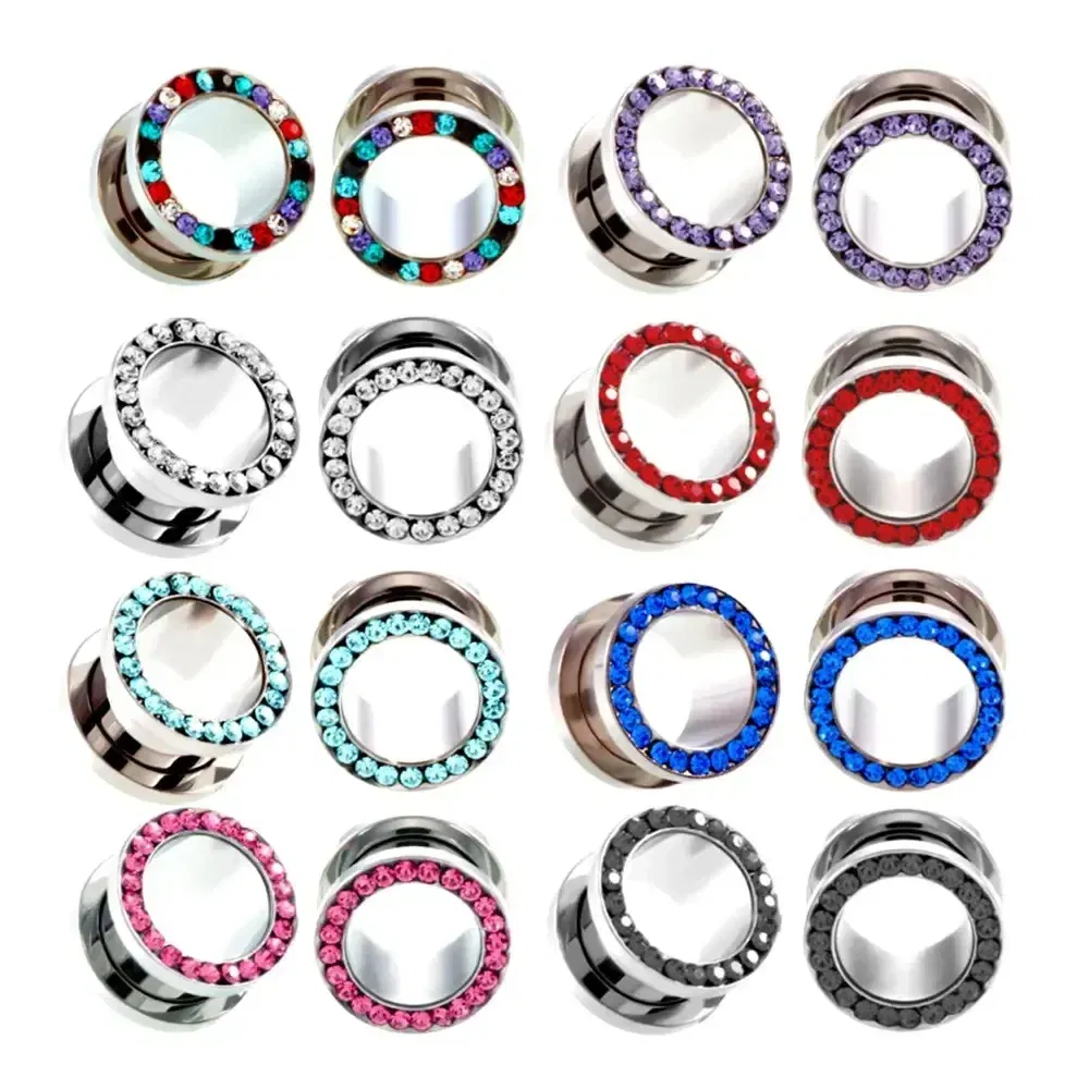 Metal color: Rhodium Plated, Main Stone Color: Silver - 2pc Steel Multicolour Crystal Ear Plug Flesh Tunnel 8g ( 3mm ) - 1" ( 25mm ) Gauge Expander Stretcher Screw Fit