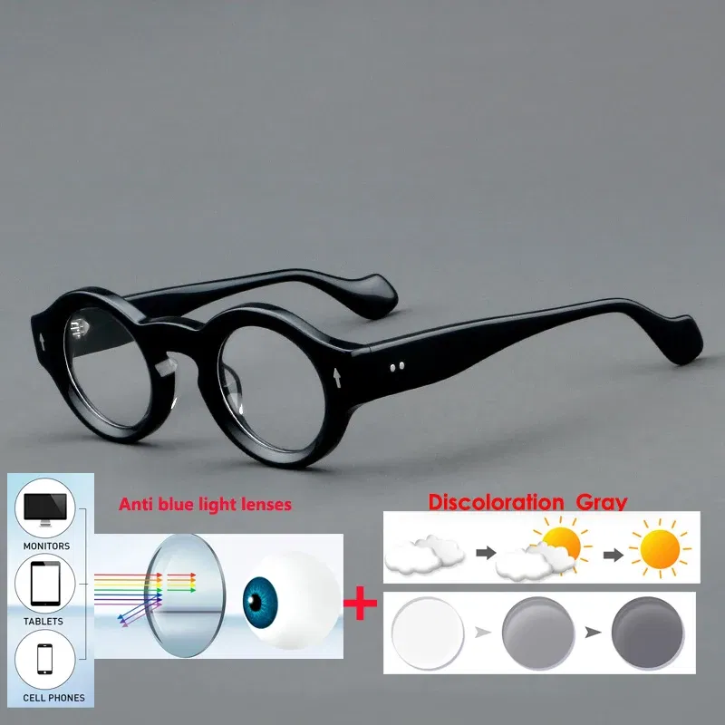 Frame Color: Blue, Eye Prescription: +375 - VCKA Round Acetate Myopia Anti-blue Discolor Glasses Vintage Men Prescription Intensification Custom Optics Eyewear -0.50 to -10