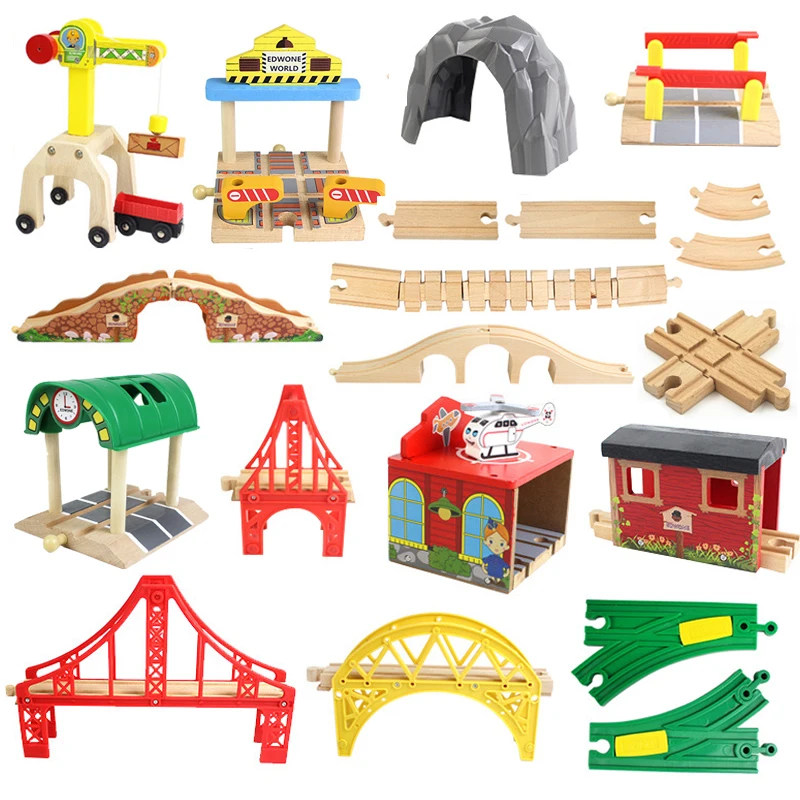 Color: Clear - Wooden Bridge Tunnel Urban Rail Overpass Traffic Car Toy Scene Combined Train Rail Track Wooden Accessories Beech Turntable DIY