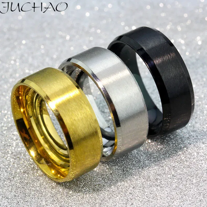 Main Stone Color: Gold, Ring Size: 10 - JUCHAO Classic Ring Men Titanium Black Men Jewelry Wedding Bands Boyfriend Gift Dropshipping