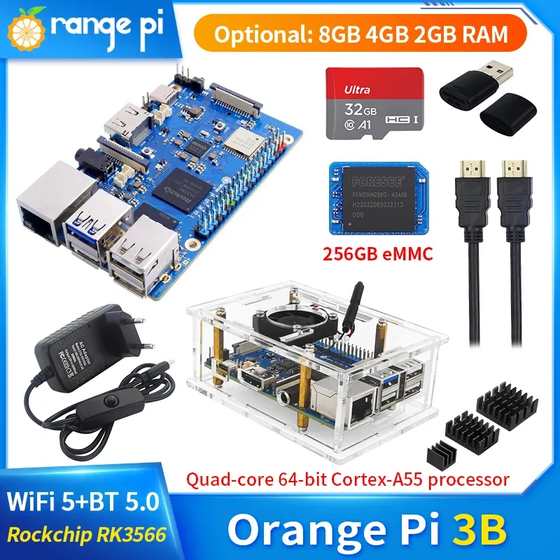 Bundle: Bundle 9, Color: Beige - Orange Pi 3B 8GB 4GB 2GB RAM Rockchip RK3566 WiFi5+BT 5.0 Gigabit LAN Port Single Board Run Android Linux OpenHarmony OS Mini PC