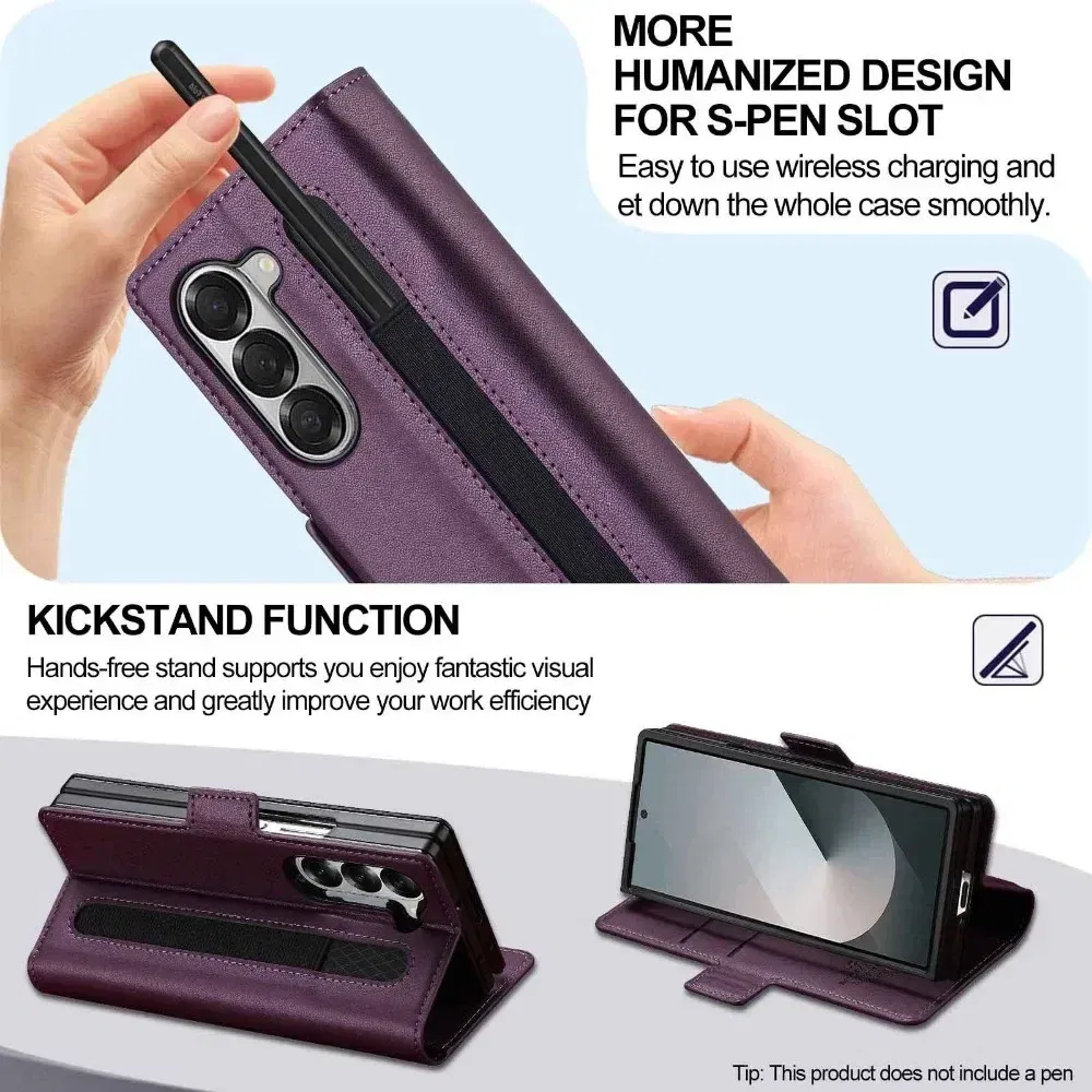 Color: black, Compatibility by Model: Galaxy Z Fold5 - Premium Leather Phone Case for Samsung Galaxy Z Fold 7 6 5 4 3 Fold6 Fold5 Fold4 5G with Pen Holder Wallet Flip Phone Cover