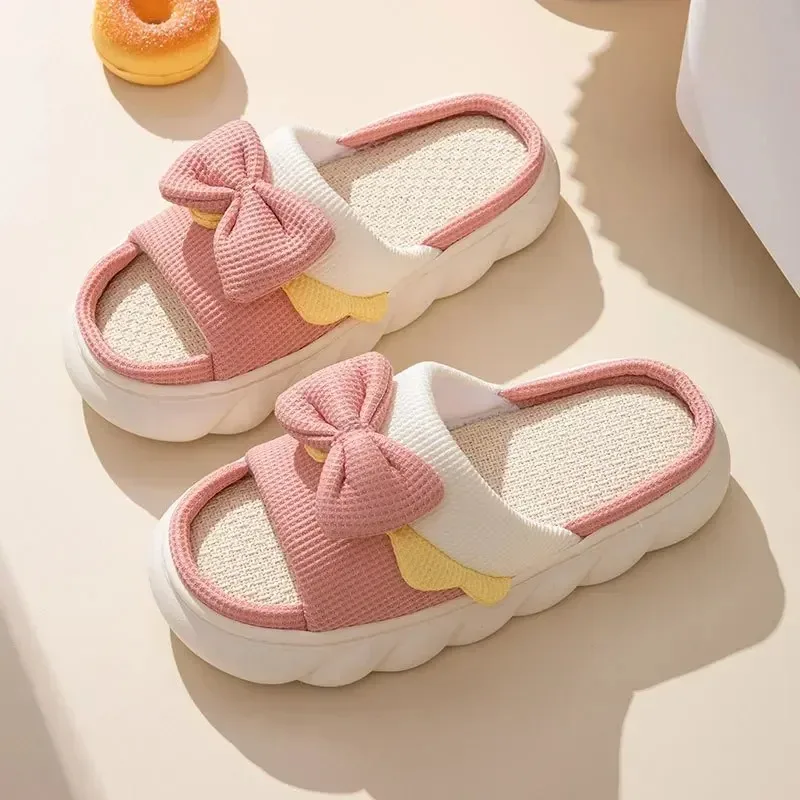 Color: Beige, Shoe Size: 40 - Linen Slippers Women Indoor Slippers Comzy Anti-Slip House Cotton Shoes Cute Bowknot Flat Slipper Couples Slides Spring Summer
