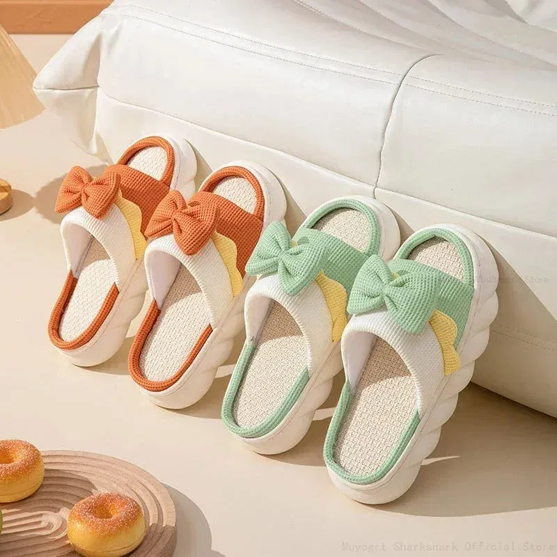 Color: Beige, Shoe Size: 40 - Linen Slippers Women Indoor Slippers Comzy Anti-Slip House Cotton Shoes Cute Bowknot Flat Slipper Couples Slides Spring Summer