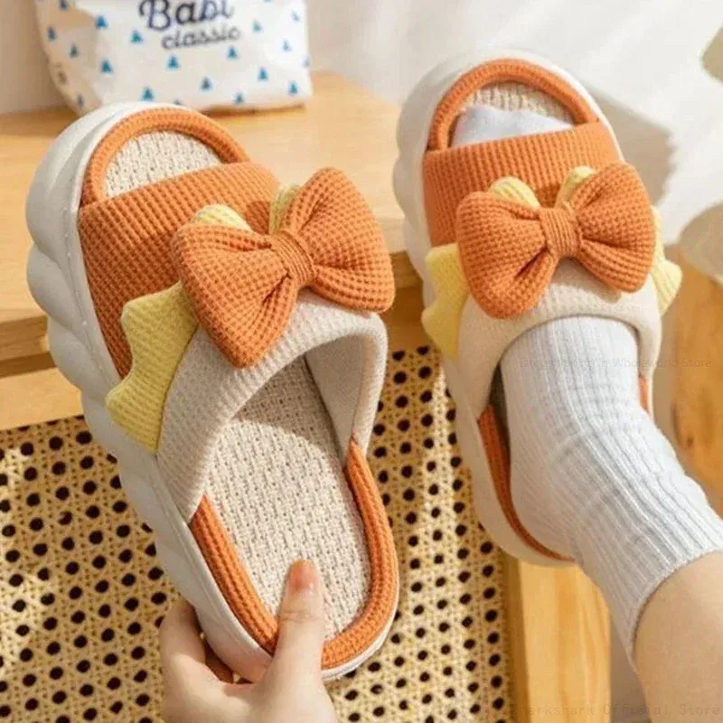 Color: Beige, Shoe Size: 40 - Linen Slippers Women Indoor Slippers Comzy Anti-Slip House Cotton Shoes Cute Bowknot Flat Slipper Couples Slides Spring Summer