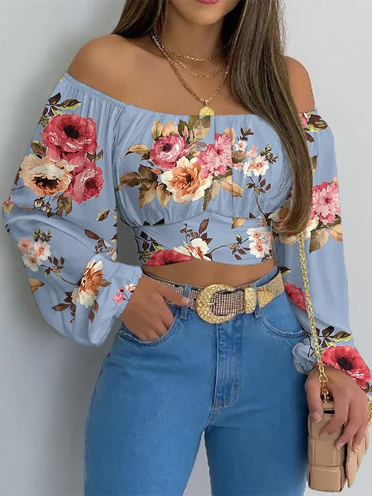 Color: Blue, Size: S - Women Sexy Off Shoulder Blouse Chic and Elegant Printing Lantern Long Sleeve Lace Up Bow Cropped Tops Casual Slim Shirts 2024