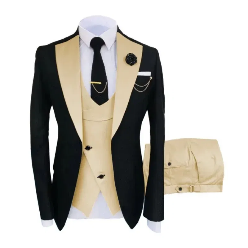 Color: black, Size: 5XL - Men Suits 3 Pieces Tailored Best Man Groom Wedding Tuxedo Slim Fit Jacquard Two-color Blazer Jacket Vest Pants Tuxedo Clothing