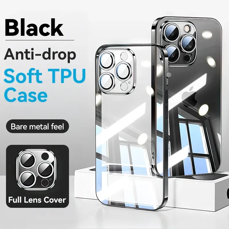 Color: black, Material: aluminum - Joyroom Case For iPhone 16 15 14 13 Pro Max Transparent Cover For iPhone 16 Pro Max Soft TPU Anti-drop Case With Len Protection