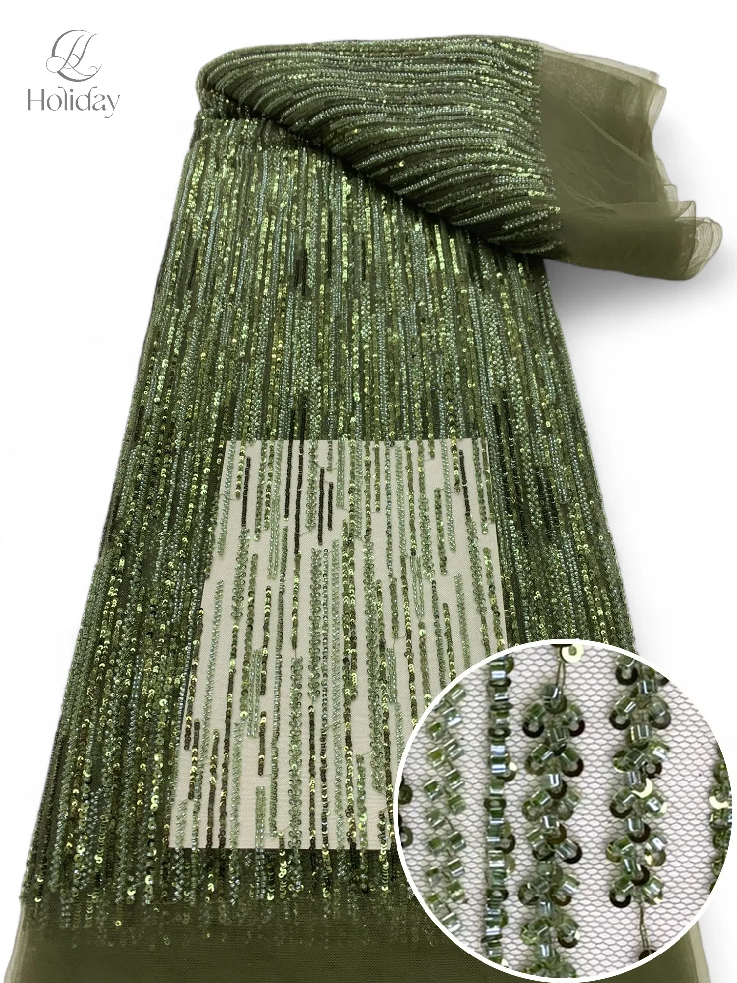 Color: Ivory, Width: 130cm, Length: 3 YARDS - 3Y/piece Latest Nigerian Sequins Lace Fabric Beaded Lace Fabric Luxury French Embroidery Groom Lace Fabric For Wedding Dress