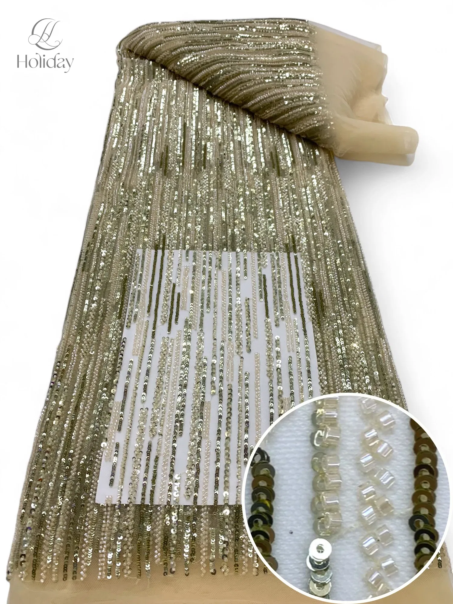 Color: Ivory, Width: 130cm, Length: 3 YARDS - 3Y/piece Latest Nigerian Sequins Lace Fabric Beaded Lace Fabric Luxury French Embroidery Groom Lace Fabric For Wedding Dress