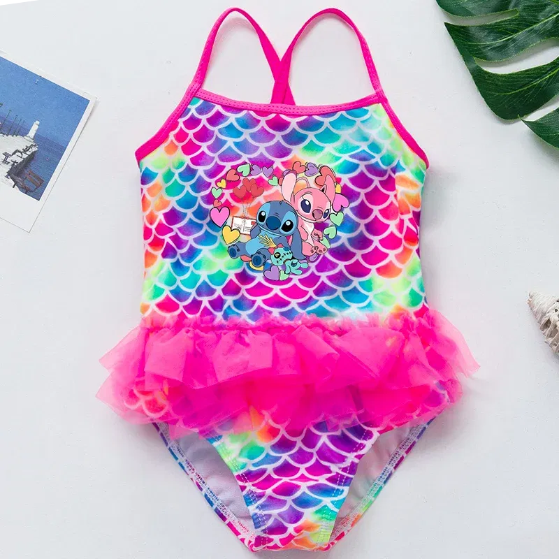 Color: Pink, Kid Size: 3M - Lilo Stitch Girl Swimsuit Summer One-Piece Swimwear Beachwear Pool Mermaid Fish Scale Print Bikini Bathing Outfit Swimming Wear