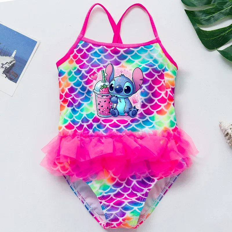 Color: Pink, Kid Size: 3M - Lilo Stitch Girl Swimsuit Summer One-Piece Swimwear Beachwear Pool Mermaid Fish Scale Print Bikini Bathing Outfit Swimming Wear