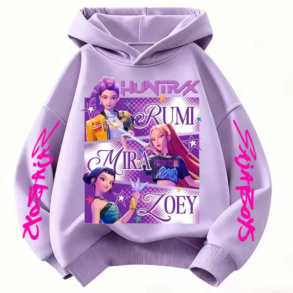 Color: Blue, Kid Size: 5 - Cartoon Hoodie for Boys and Girls KPop Demon Hunter Rumi Derpy Warm and Thick, Fashionable Casual Top, Printed Purple Sweatshirt