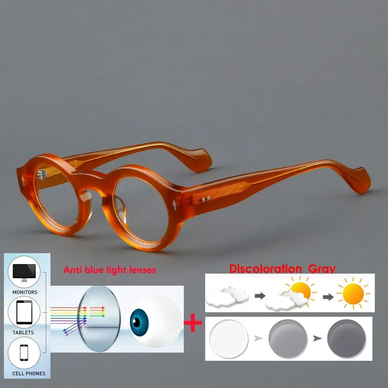 Frame Color: PURPLE, Eye Prescription: +200 - VCKA Round Acetate Myopia Anti-blue Discolor Glasses Vintage Men Prescription Intensification Custom Optics Eyewear -0.50 to -10