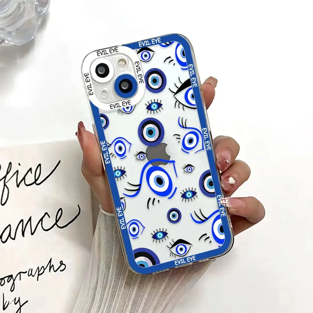 Color: Clear, Material: Cotton Fabric - Blue Evil Eye Phone Case For Samsung Galaxy S10 S20 S21 S22 S23 S24 FE Plus Ultra Note 20 Transparent TPU Case
