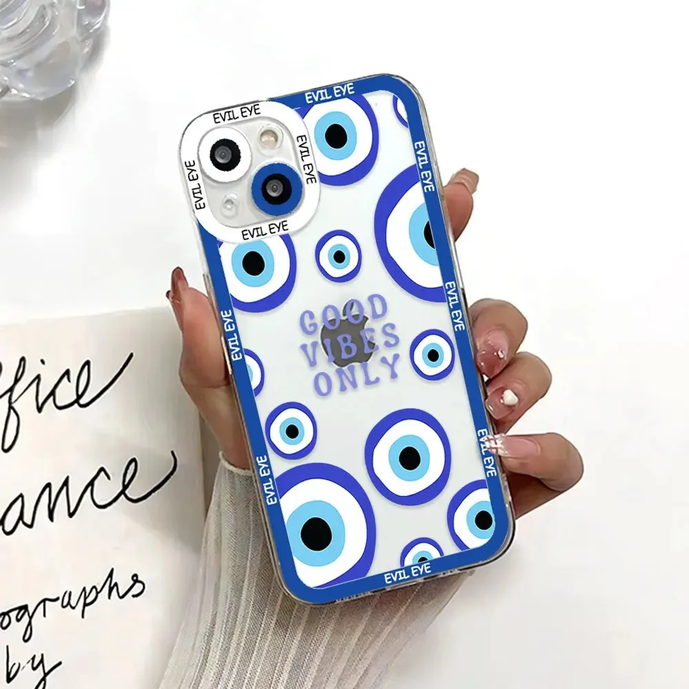 Color: Clear, Material: Cotton Fabric - Blue Evil Eye Phone Case For Samsung Galaxy S10 S20 S21 S22 S23 S24 FE Plus Ultra Note 20 Transparent TPU Case