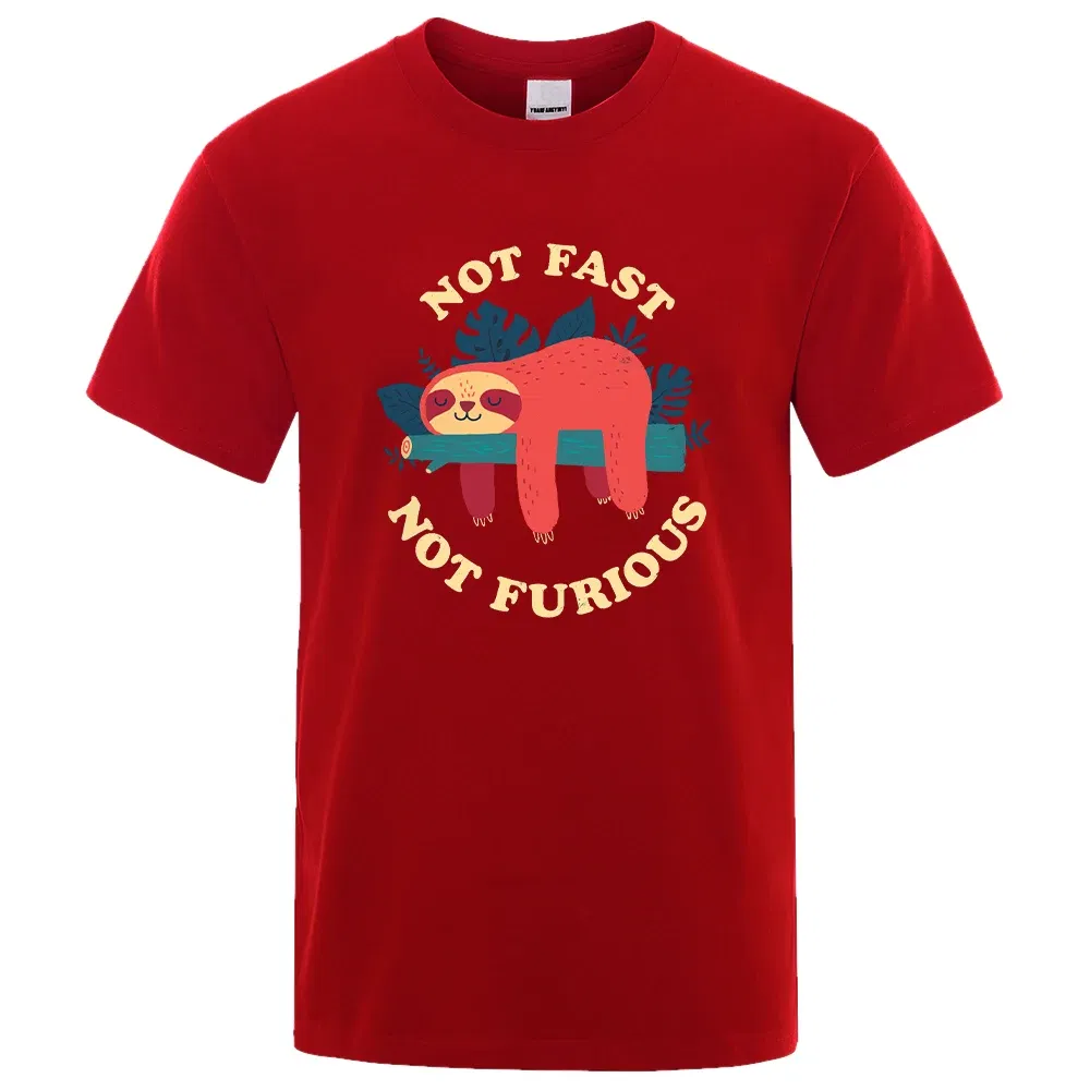 Color: Red, Size: S - Not Fast Not Furious Sloth Cute Print Men Tee Shirts Breathable Cotton Tops Street Fashion T-shirt Women Casual Summer T Shirts
