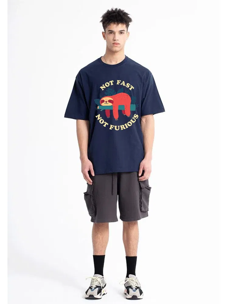 Color: Red, Size: S - Not Fast Not Furious Sloth Cute Print Men Tee Shirts Breathable Cotton Tops Street Fashion T-shirt Women Casual Summer T Shirts