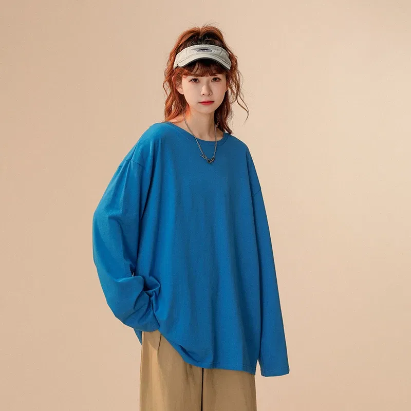 Color: Blue, Size: S, - COUTUDI-Oversized T-Shirt for Women, Loose Pullover,Long Sleeve, Casual 100% Cotton Tee Shirt, Lady Tops, Korean Streetwears