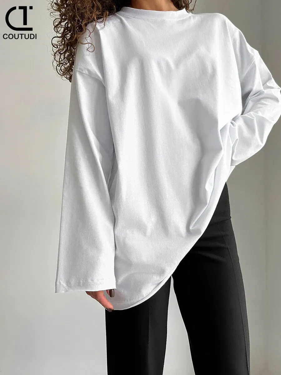 Color: Blue, Size: S, - COUTUDI-Oversized T-Shirt for Women, Loose Pullover,Long Sleeve, Casual 100% Cotton Tee Shirt, Lady Tops, Korean Streetwears