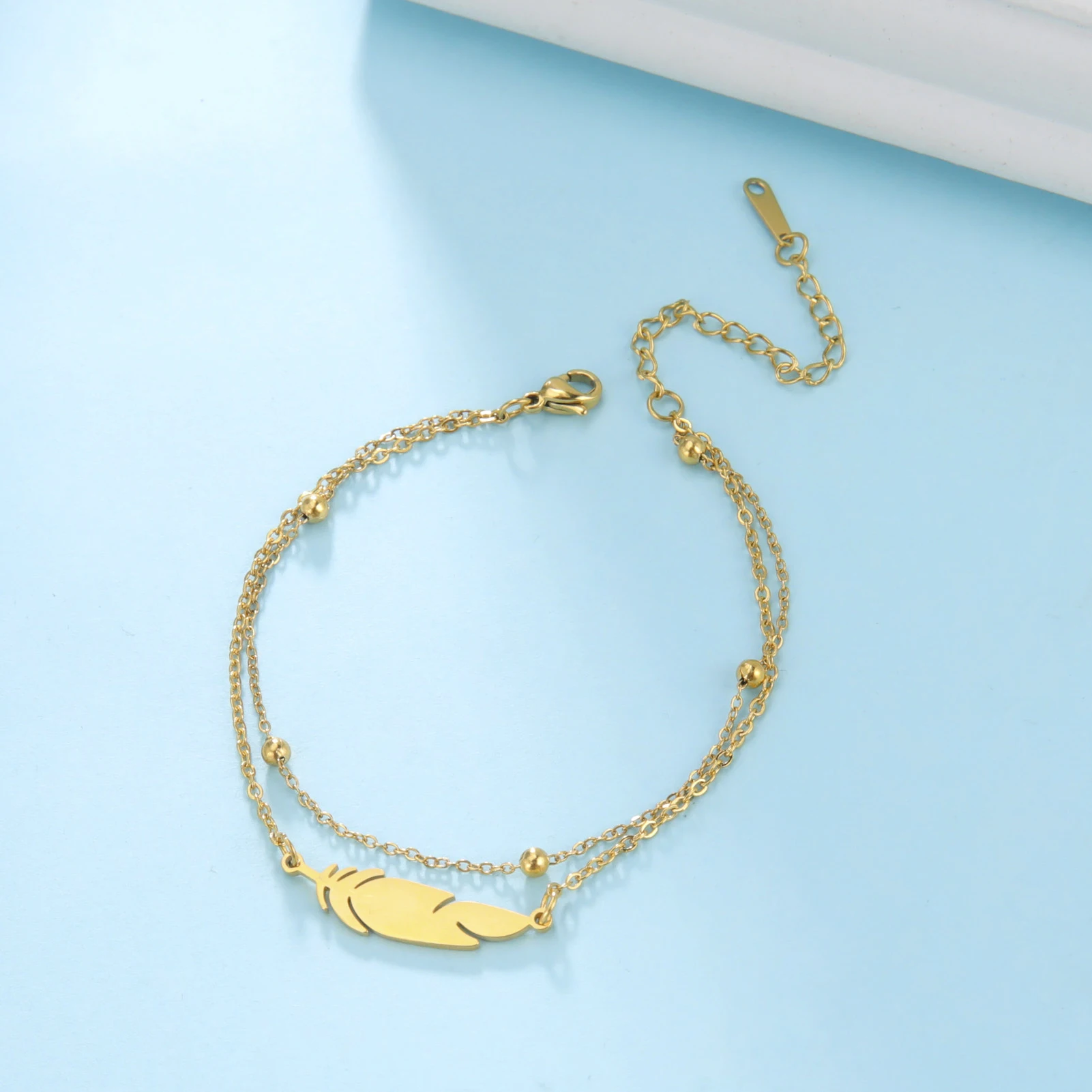 Metal Color: Antique Gold Plated - Kkjoy Ankles of Women Men Silver Color Feather Stainless Steel Double Foot Chain Beach Style Trendy Female Jewelry Accessories