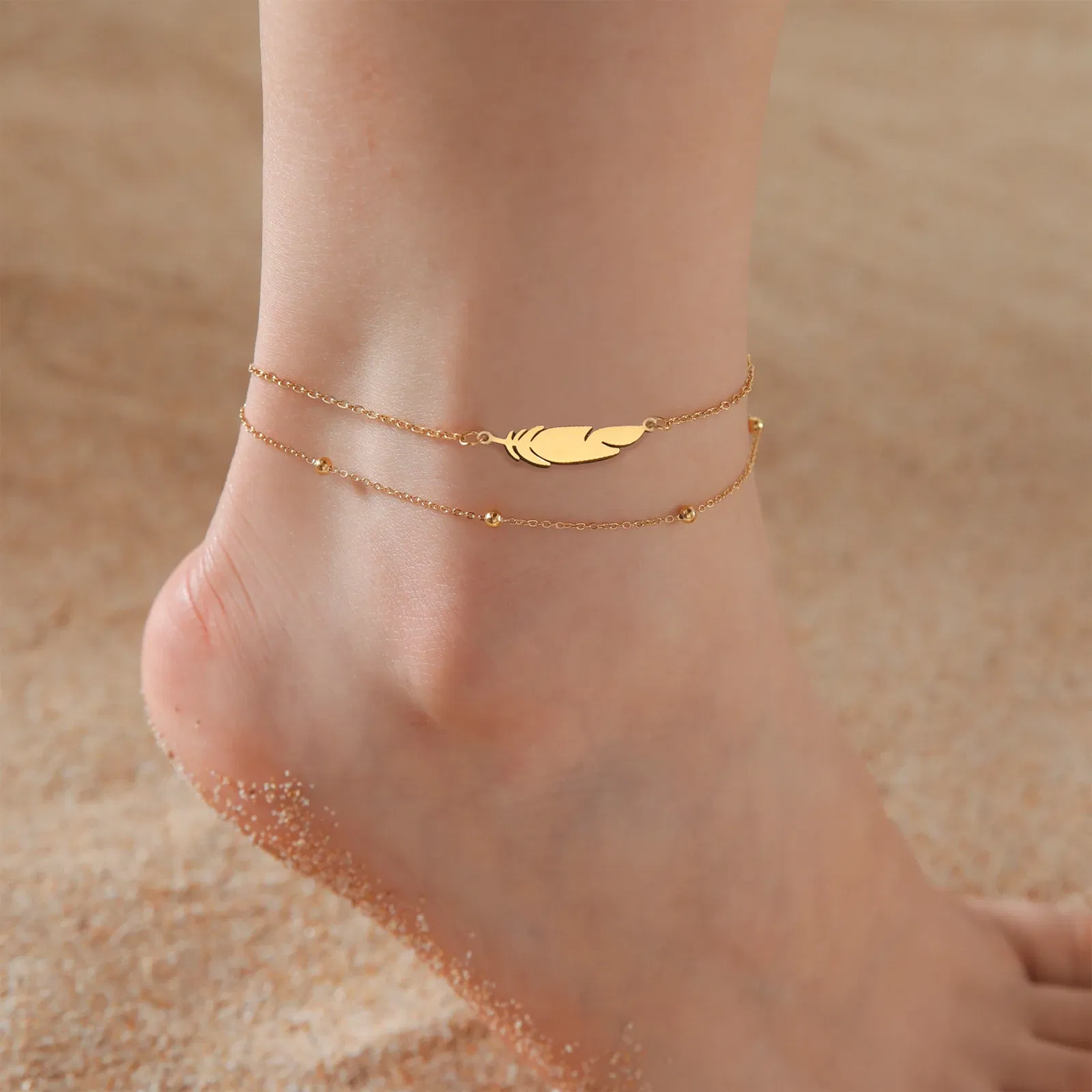 Metal Color: Antique Gold Plated - Kkjoy Ankles of Women Men Silver Color Feather Stainless Steel Double Foot Chain Beach Style Trendy Female Jewelry Accessories