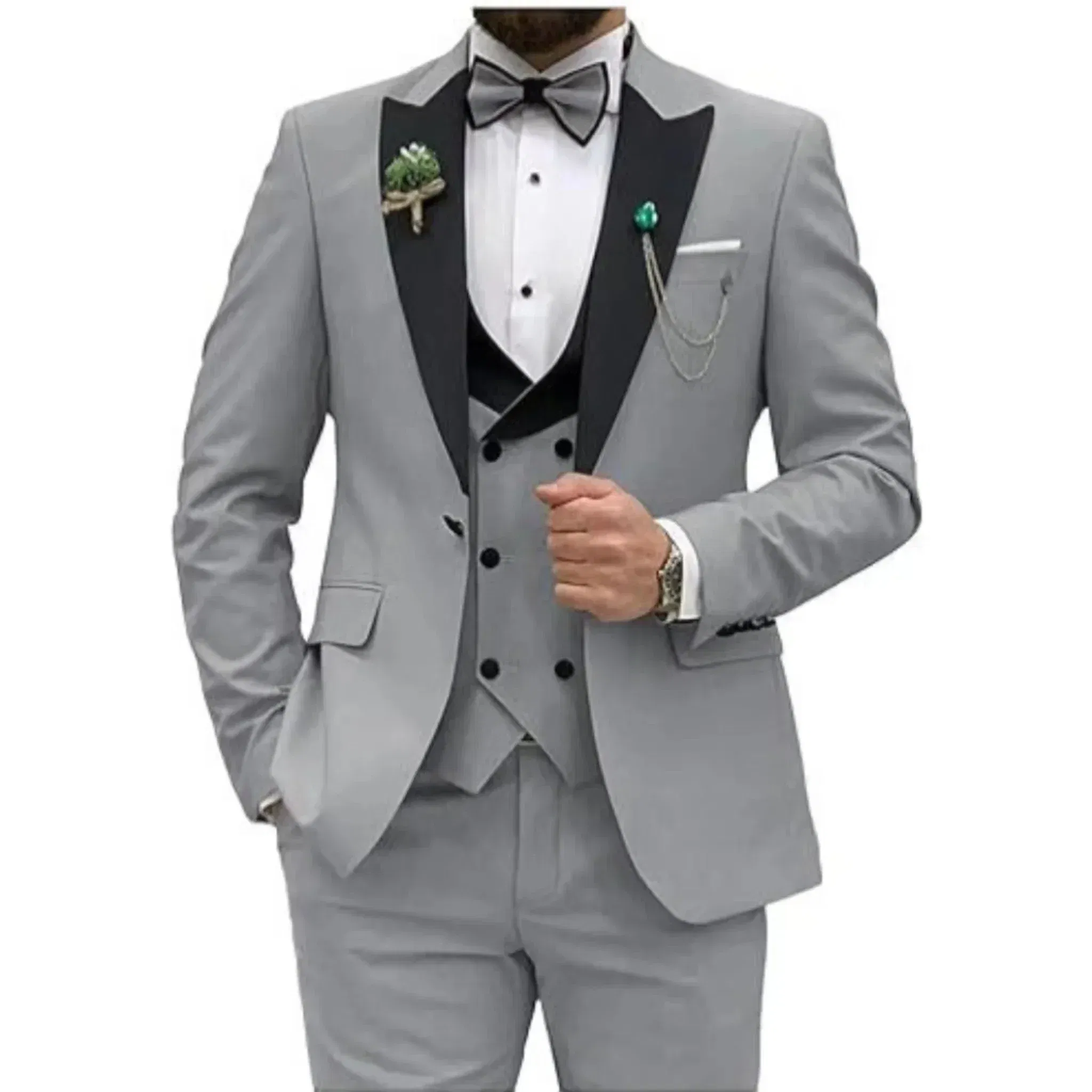 Color: GRAY, Size: M - Men Suit Colorful Luxury Blazer Vest And Pant Sets 3 Piece Birthday Dress Business  Prom Evening Party Costumes High Quality