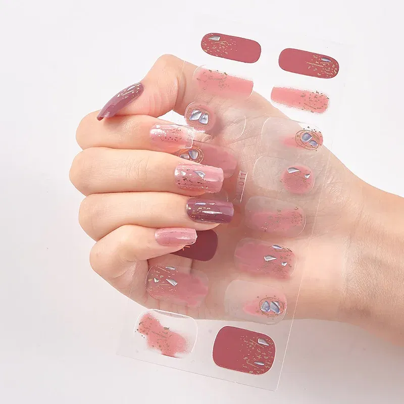 Color: Bronze red - 16 Tips/Sheet Patterned Nails With Creative Nail Polish Nail Art Stickers 2020 Temporary Tattoos Kids Full Cover Nail Stickers