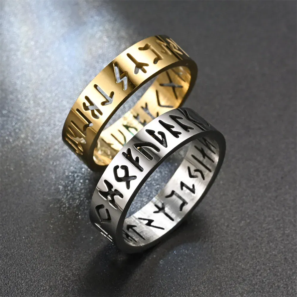 Main Stone Color: Black, Ring Size: 3 - 2023 New Stainless Steel Hollow Out Ring for Men Women Fashion Hollow Rune Design Finger Anillo Antiestres Anxiety Rings