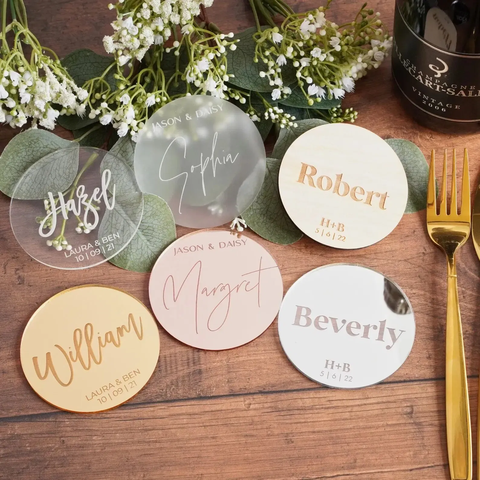Color: Fluorescence Yellow, Size: XXL - 50pcs Personalized Name Shower Baby Baptism Tag Engraved Acrylic Round Circle Wedding Table Party Decoration Custome Gift Favors