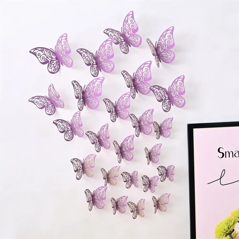Color: VIOLET/?«?—?…° - 12 Pieces 3D Hollow Butterfly Wall Sticker Bedroom Living Room Home Decoration Paper Butterfly