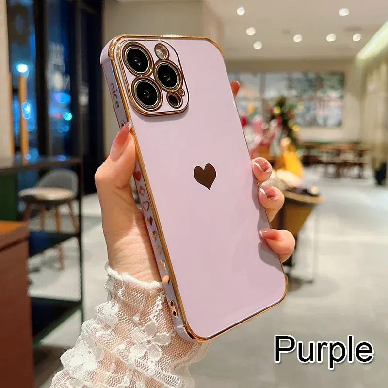 Color: Orange, Compatible-Phone Models: For iPhone 11, Ships From: CN - Electroplating Side Love Heart Phone Case For IPhone 16 15 14 13 12 11 Pro Max XR 8 Plus SE2/SE3 Shockproof Back Cover