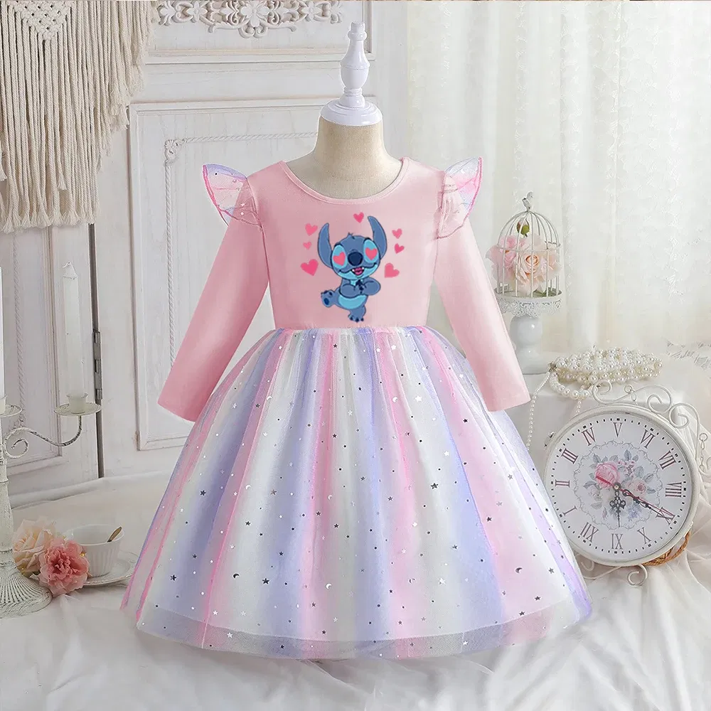 Color: Silver, Kid Size: 6 - Stitch Princess Dress Autumn New Disney Baby Girls Dress Spring Autumn Long-sleeved For Children Kids Clothes Birthday Party
