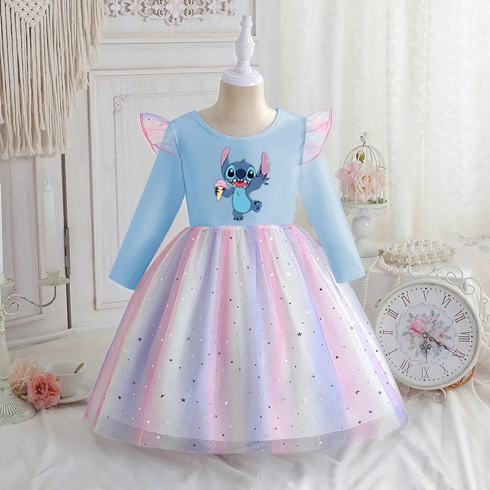 Color: Silver, Kid Size: 6 - Stitch Princess Dress Autumn New Disney Baby Girls Dress Spring Autumn Long-sleeved For Children Kids Clothes Birthday Party