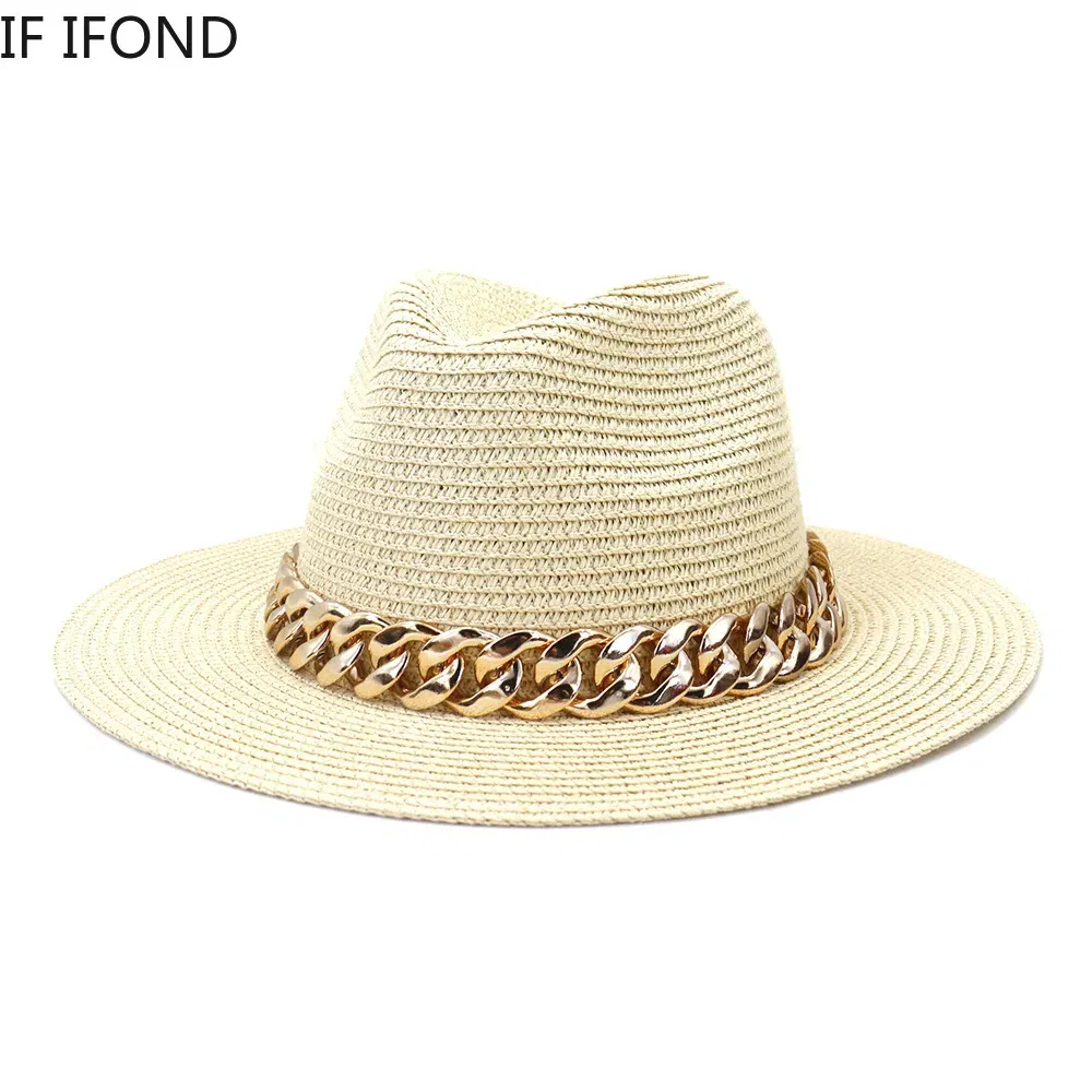 Color: WHITE, Size: M - Fashion Gold Chain Belt Panama Straw Hats For Women Summer Breathable Beach Sun Hats Elegant Ladies Party Jazz Hat