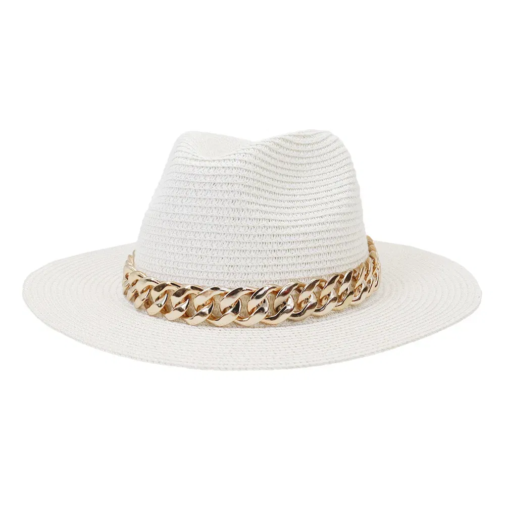 Color: WHITE, Size: M - Fashion Gold Chain Belt Panama Straw Hats For Women Summer Breathable Beach Sun Hats Elegant Ladies Party Jazz Hat