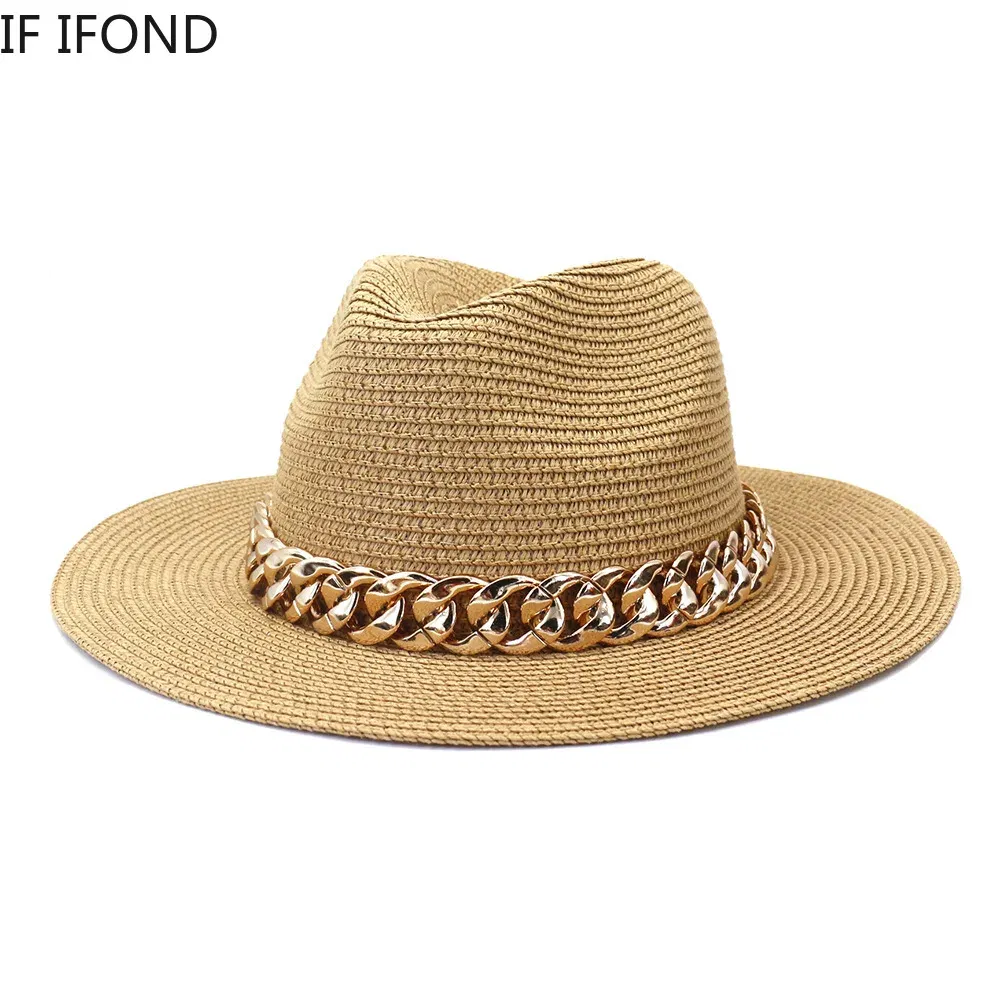 Color: WHITE, Size: M - Fashion Gold Chain Belt Panama Straw Hats For Women Summer Breathable Beach Sun Hats Elegant Ladies Party Jazz Hat