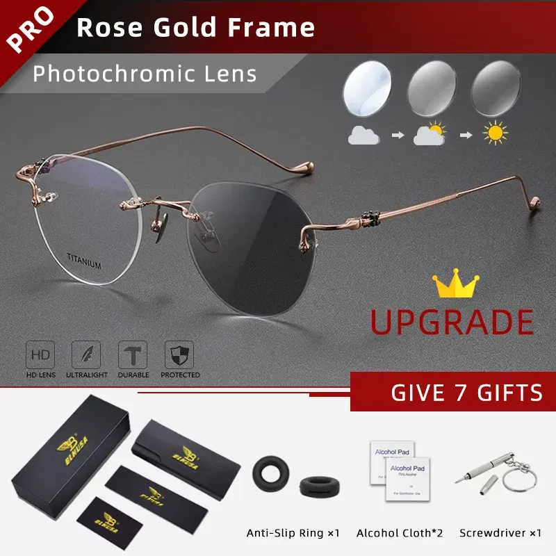 Frame Color: Red, Eye Prescription: +225 - BLMUSA Pure Titanium Rimless Anti-blue Light Reading Glasses for Men Round Photochromic Optical Prescription with MR-8 lens