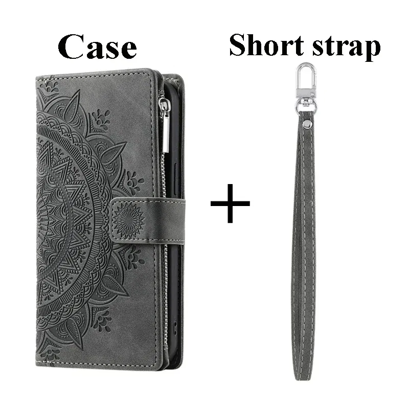 Color: GRAY, Material: PVC - For OPPO A38 A58 A57 A 78 38 4G 5G Book Case Crossbody Lanyard Zipper Wallet Funda OPPO A78 Case Phone A98 A 58 98 A18 A77 S A17