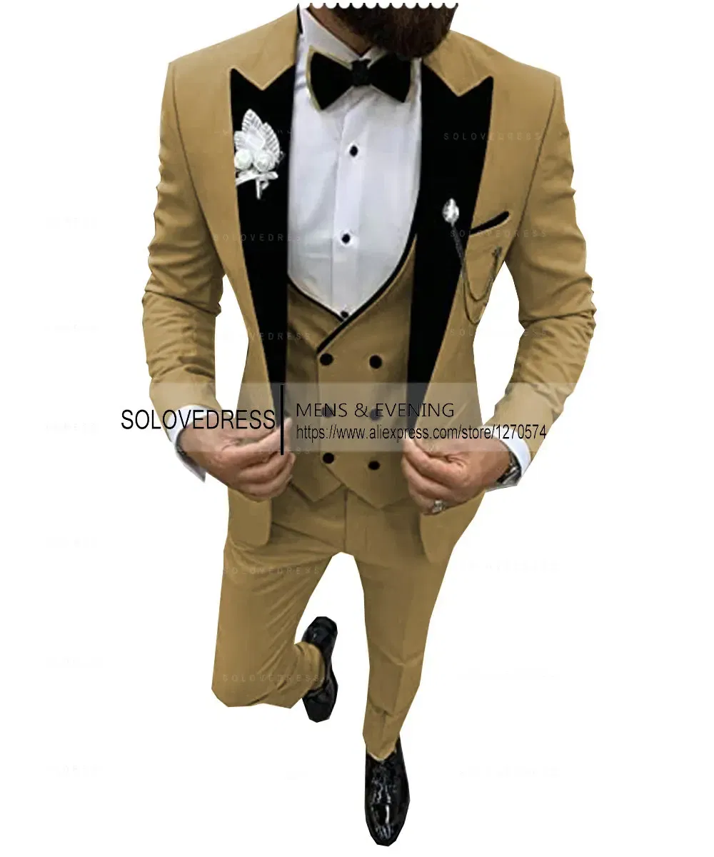 Color: Brown, Size: XXL - Suits for Mens 2024 Casual Business Suit High-end Social Formal Suit 3 Pcs Set Groom Wedding Men( Jacket + Vest + Pants )