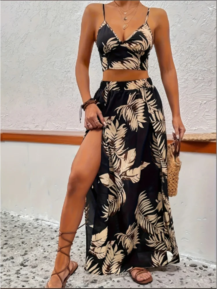 Color: MULTI, Size: XXL - Elegant Deep V-neck Dress Women Summer Sleeveless Printed Vest Skirt Set Sexy High Slit Trend Dresses