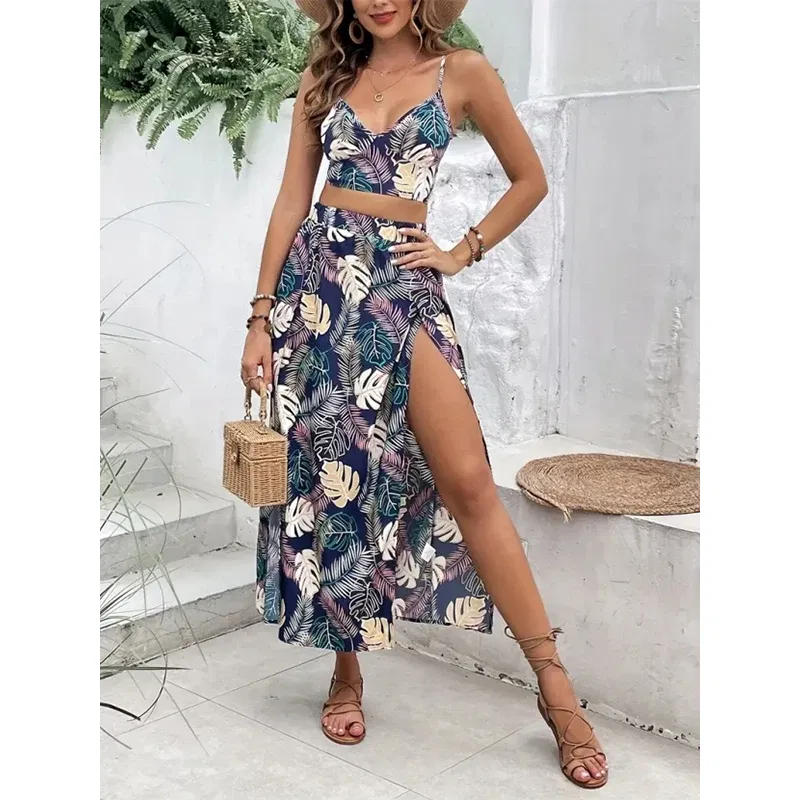 Color: MULTI, Size: XXL - Elegant Deep V-neck Dress Women Summer Sleeveless Printed Vest Skirt Set Sexy High Slit Trend Dresses
