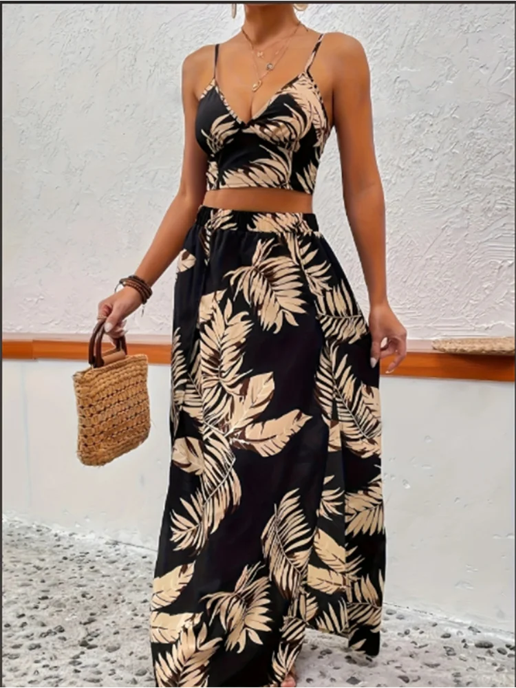 Color: MULTI, Size: XXL - Elegant Deep V-neck Dress Women Summer Sleeveless Printed Vest Skirt Set Sexy High Slit Trend Dresses