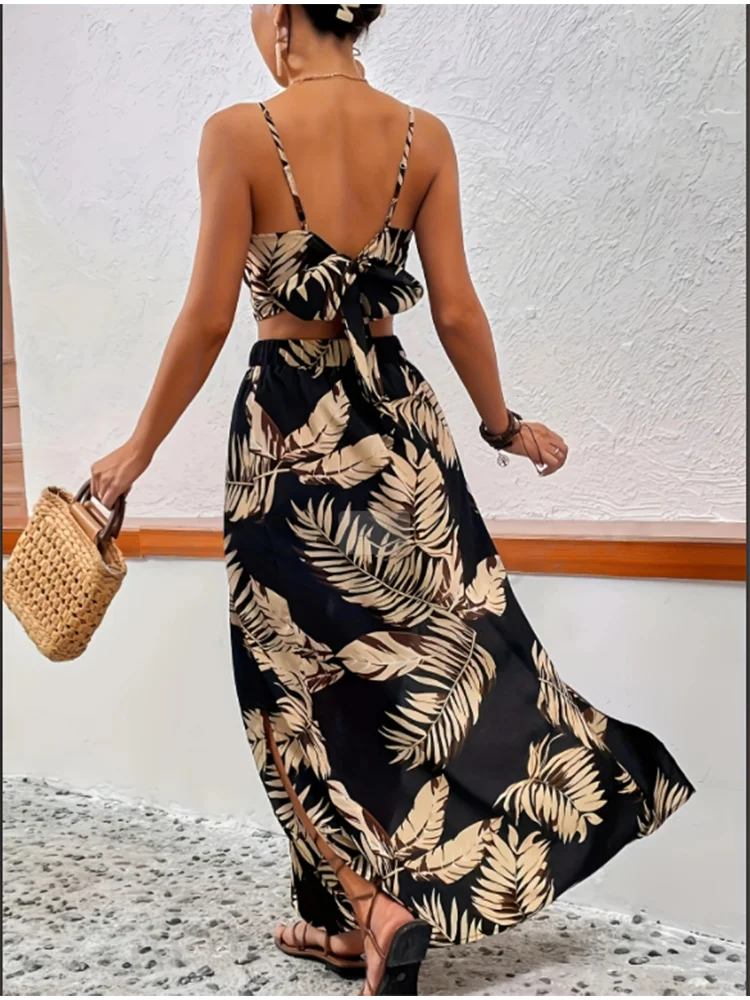 Color: MULTI, Size: XXL - Elegant Deep V-neck Dress Women Summer Sleeveless Printed Vest Skirt Set Sexy High Slit Trend Dresses