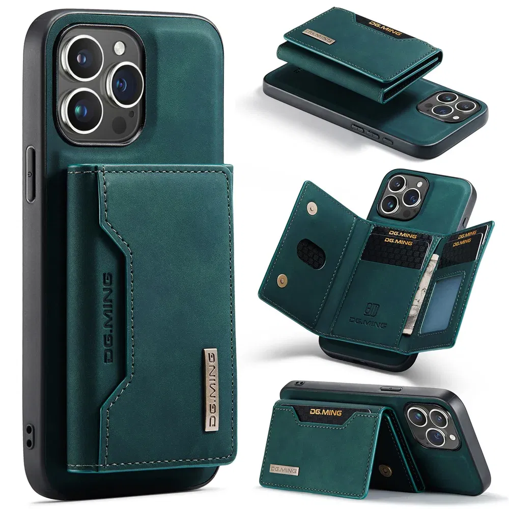 Color: green, Material: Artificial Leather - 2 In 1 Case For iPhone 16 15 14 13 12 11 Pro Max Plus XS Max XR 8 Plus SE 2022 Wallet Magnetic Leather Card Holder Pocket Cover