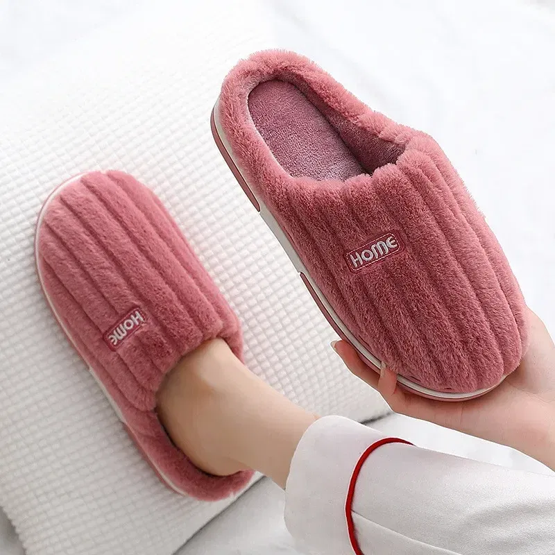 Color: Orange, Shoe Size: 40-41 - New Men Big Size 48 49 Winter Warm Slippers Women Soft Plush Furry Shoes Casual Flats Home Couples Bedroom Anti-Slip Slides