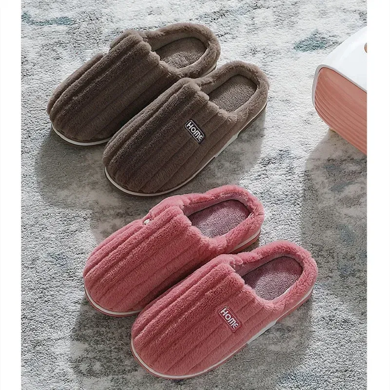 Color: Orange, Shoe Size: 40-41 - New Men Big Size 48 49 Winter Warm Slippers Women Soft Plush Furry Shoes Casual Flats Home Couples Bedroom Anti-Slip Slides