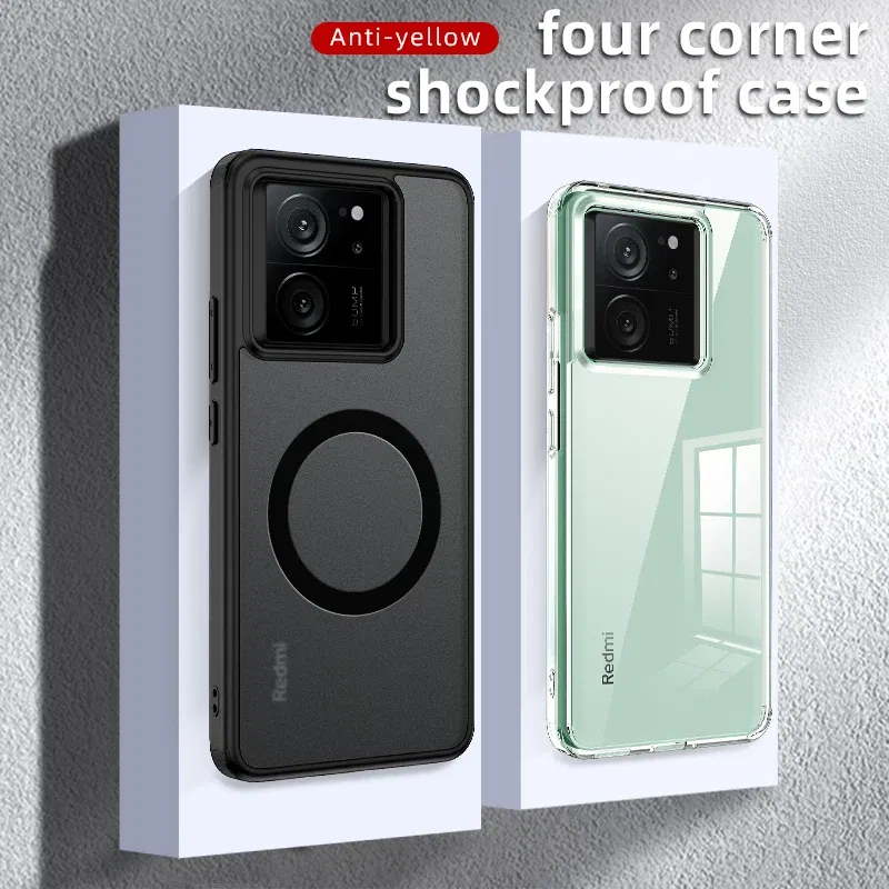 Color: Red, Material: CANVAS - Matte & Clear Magnetic Wireless Charging Armor Magsafe Case For Xiaomi 14 13T Mi 13T 14 Mi13T Pro Military Shockproof Back Cover