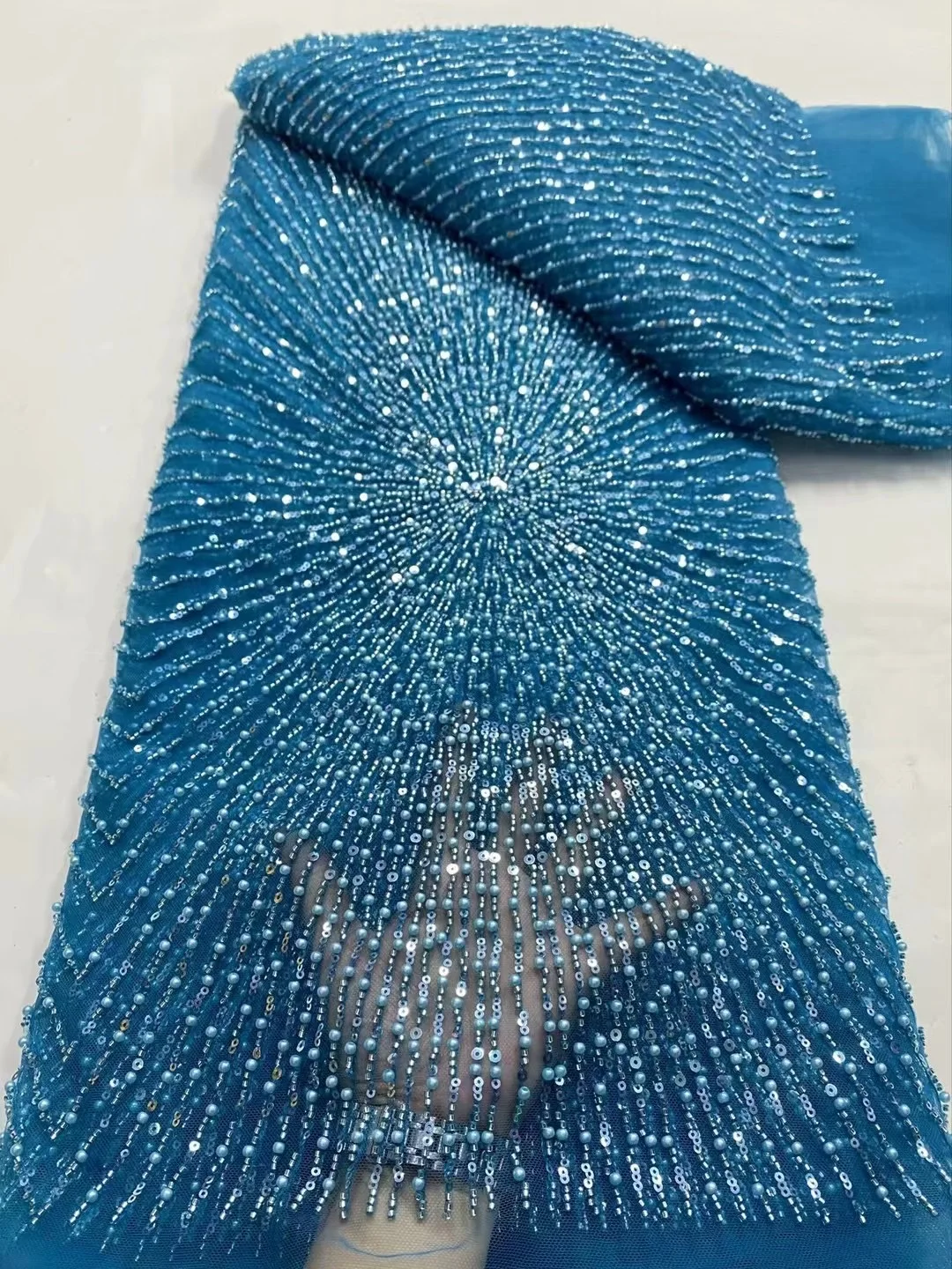 Color: green, Width: 120cm, Length: 5 yards - Wholesale Beaded Lace Fabric, French Mesh With Sequence, African Lace Fabric 2025 High Quality, Bridal Lace Fabric, Beaded Net